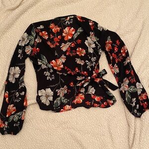 Express Black and Red Floral Wrap Blouse